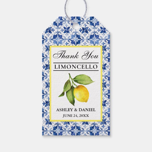 Étiquettes-cadeau Aquarelle Citron Carrelage bleu Limoncello Merci (Devant)