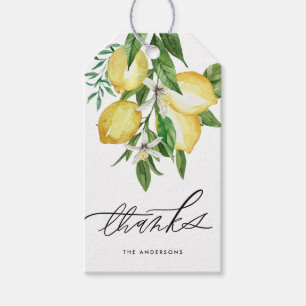 Étiquettes-cadeau Aquarelle Citron et fleurs Mariage Merci