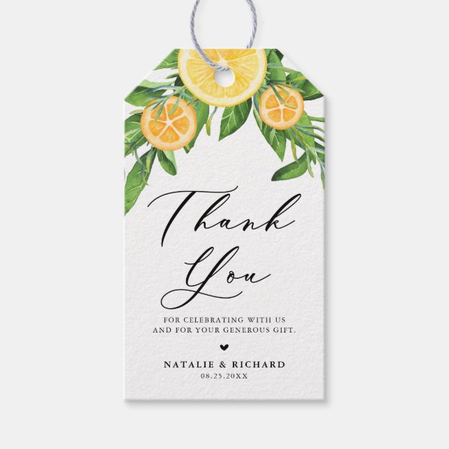 Étiquettes-cadeau Aquarelle Citrons et Oranges Merci Mariage (Devant)