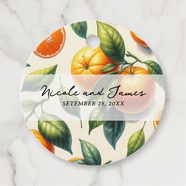 Étiquettes Cadeau Aquarelle Citrus Orange Feuille Mariage (Devant)