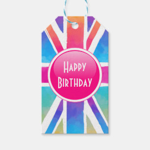Étiquettes-cadeau Aquarelle claire Union Jack Drapeau Joyeux anniver