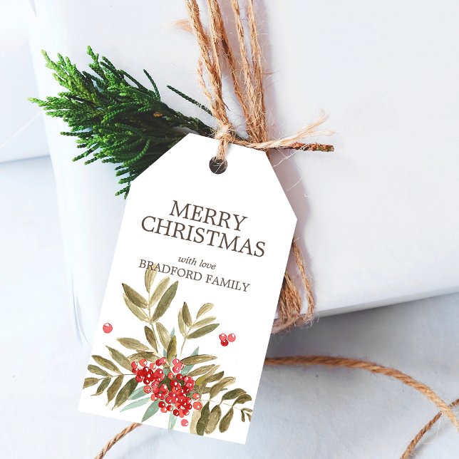 Étiquettes-cadeau Aquarelle classique Berries de Noël personnalisées (Classic Watercolor Christmas Berries Personalized Gift Tags)