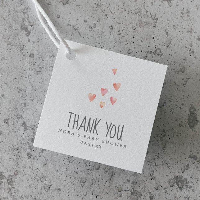 Étiquettes Cadeau Aquarelle Coeurs fille Baby shower Merci (Créateur téléchargé)