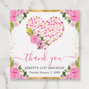 Étiquettes Cadeau Aquarelle cœurs fleurs or rose 21e anniversaire