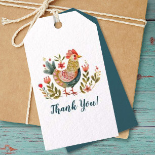 Étiquettes-cadeau Aquarelle colorée poulet folk Art Merci