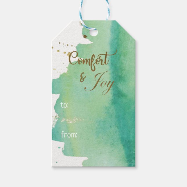 Étiquettes-cadeau Aquarelle Comfort Joy Green Gold Photo Noël (Devant)