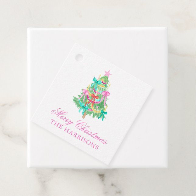 Étiquettes Cadeau Aquarelle Coquette Bow Christmas Tree (En situation)