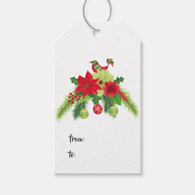 Étiquettes-cadeau Aquarelle d'art populaire Noël floral (Devant)