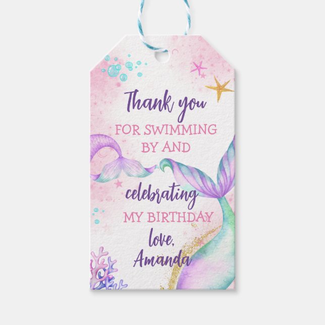 Étiquettes-cadeau Aquarelle de la queue de sirène Anniversaire sous  (Devant)