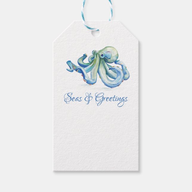 Étiquettes-cadeau Aquarelle de Noël bleu octopus (Devant)