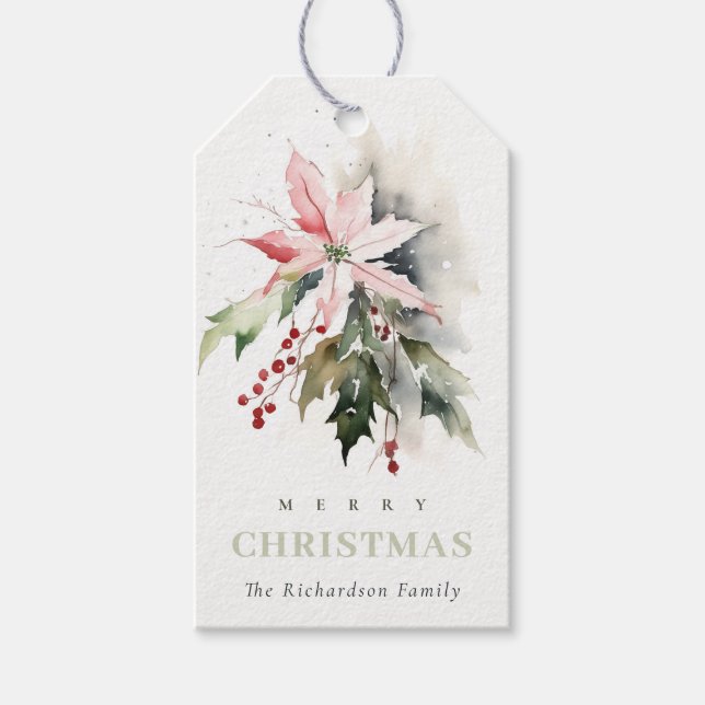 Étiquettes-cadeau Aquarelle de Noël Poinsettia Berries Folithe (Devant)