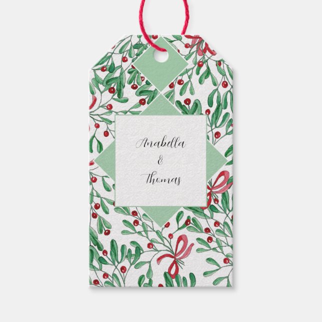 Étiquettes-cadeau Aquarelle de Noël Rustique Mistletoe (Devant)