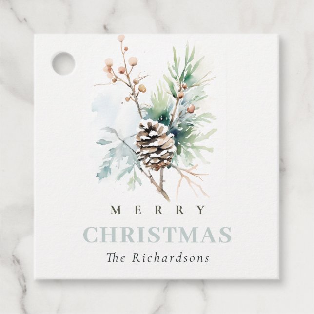 Étiquettes Cadeau Aquarelle de pin cône d'hiver Berry Noël (Devant)