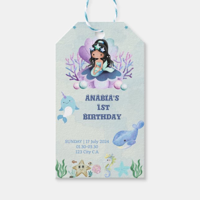 Étiquettes-cadeau Aquarelle de sirène magique fête d'anniversaire (Devant)