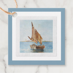 Étiquettes Cadeau Aquarelle de vue côtière avec vieux voilier