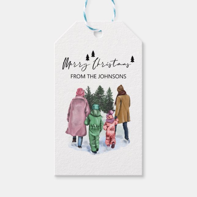 Étiquettes-cadeau Aquarelle d'hiver famille de 4 Joyeux Noël (Devant)