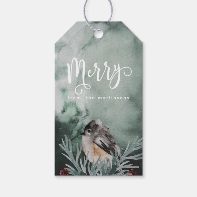 Étiquettes-cadeau Aquarelle d'hiver Joyeux script et nom Noël (Devant)