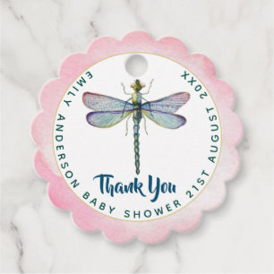 Étiquettes Cadeau Aquarelle DRAGONFLY Merci Baby shower rose Blu