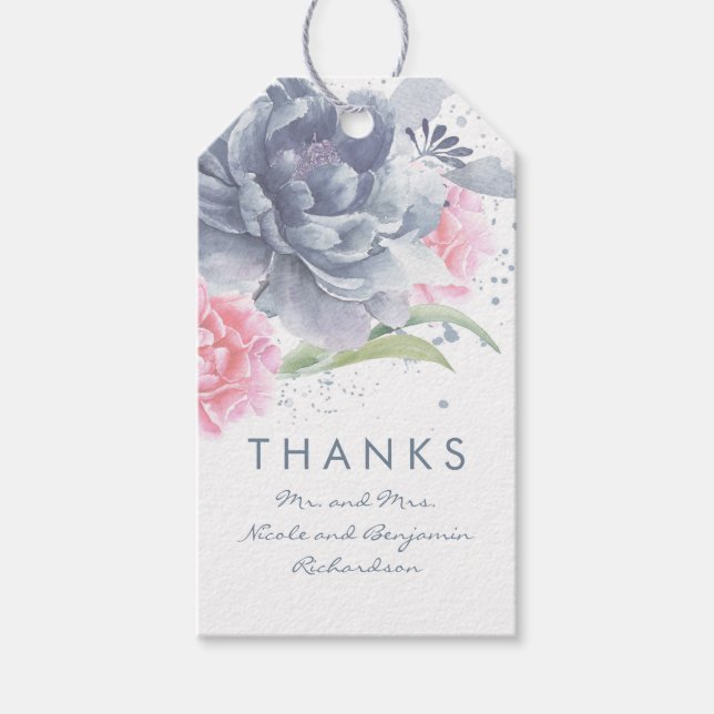 Étiquettes-cadeau Aquarelle Dusty Blue et rose Fleurs Mariage (Devant)