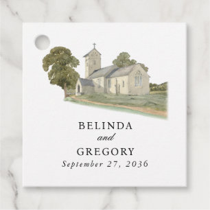 Étiquettes Cadeau Aquarelle Eglise traditionnelle Monogramme Mariage