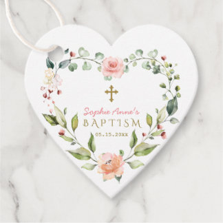 Étiquettes Cadeau Aquarelle élégante Fleurs roses Croix d'or Baptême