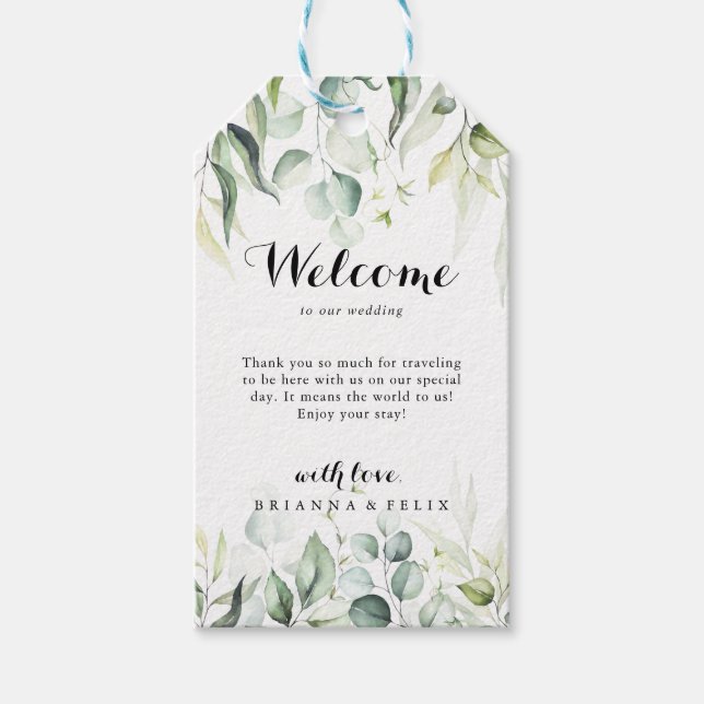 Étiquettes-cadeau Aquarelle Eucalyptus Mariage vert Bienvenue (Devant)