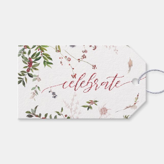 Étiquettes-cadeau Aquarelle Feuillage d'hiver et baies roses (Devant (Horizontal))