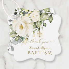 Étiquettes Cadeau Aquarelle Fleurs blanches Croix d'or Baptême garço