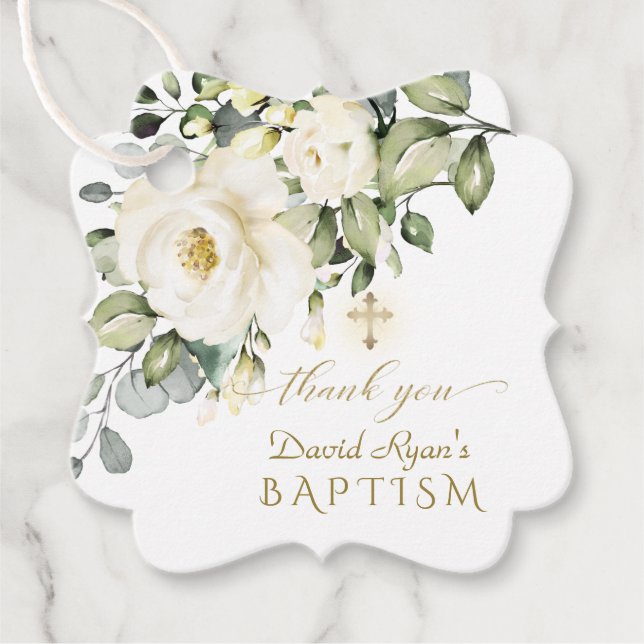 Étiquettes Cadeau Aquarelle Fleurs blanches Croix d'or Baptême garço (Devant)