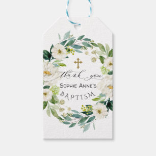 Étiquettes-cadeau Aquarelle Fleurs blanches Wreath Cross Baptism