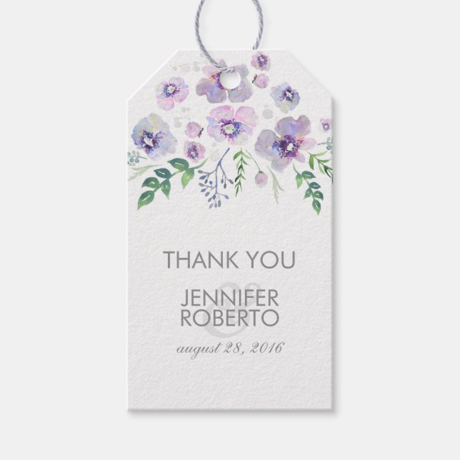 Étiquettes-cadeau Aquarelle Fleurs Bleu pourpre Merci Mariage (Devant)
