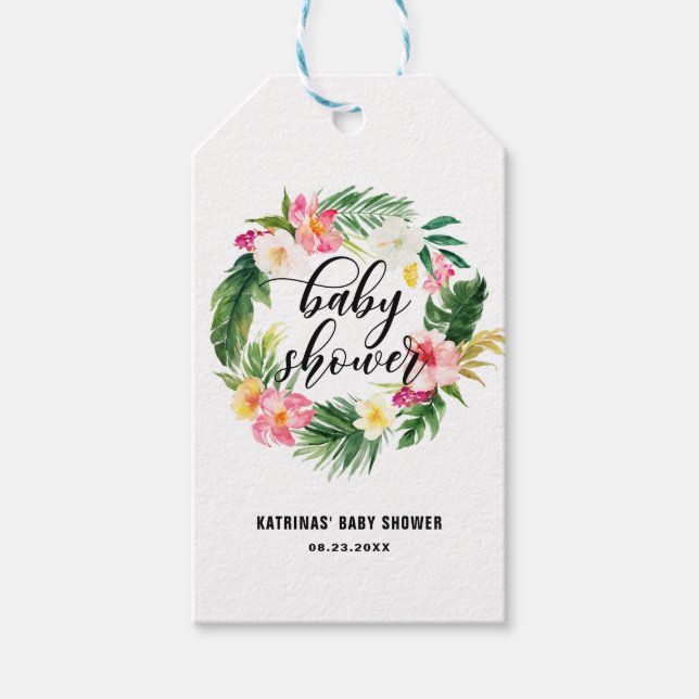 Étiquettes-cadeau Aquarelle Fleurs tropicales Baby shower de couronn (Devant)