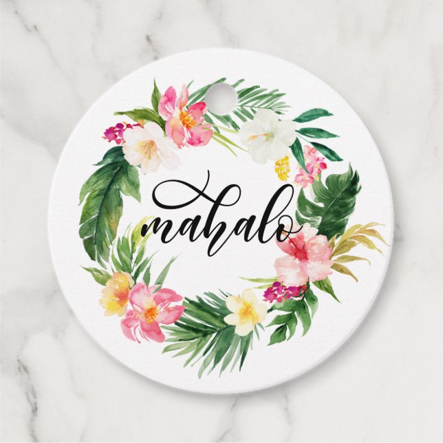 Étiquettes Cadeau Aquarelle Fleurs tropicales Wreath Mahalo (Devant)