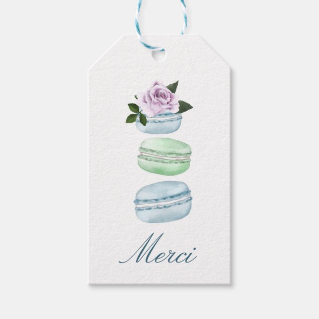 Étiquettes-cadeau Aquarelle Floral bleu Macaron Merci/Merci (Devant)
