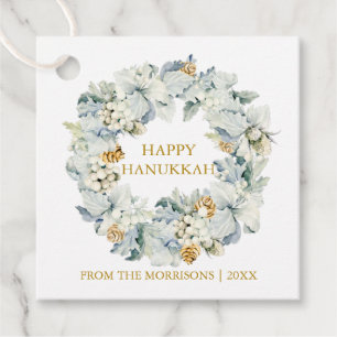 Étiquettes Cadeau Aquarelle Floral Dusty Blue Gold Hanoukka Cadeau