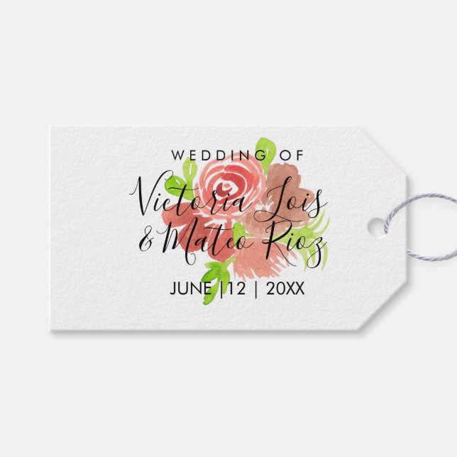 Étiquettes-cadeau Aquarelle Floral Rose Beige Blush Feuille Mariage  (Devant (Horizontal))