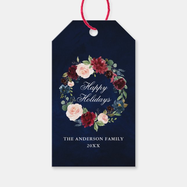 Étiquettes-cadeau Aquarelle Floral Wreath Joyeux Vacances Bleu (Devant)