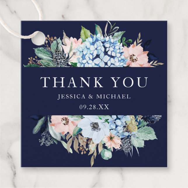 Étiquettes Cadeau Aquarelle Florale Marine Hydrangea Bouquet Mariage (Devant)