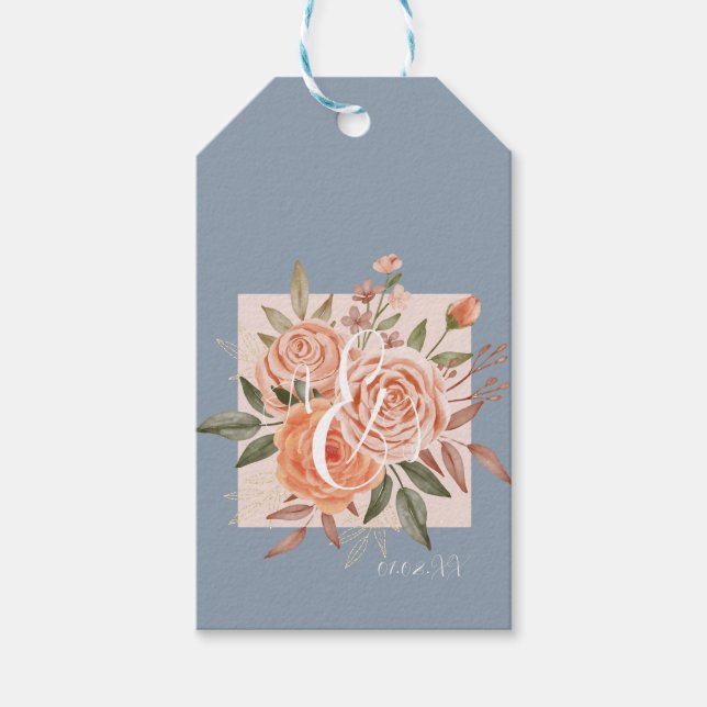 Étiquettes-cadeau Aquarelle Florale Pêche Roses Dusty Blue Mariage (Devant)