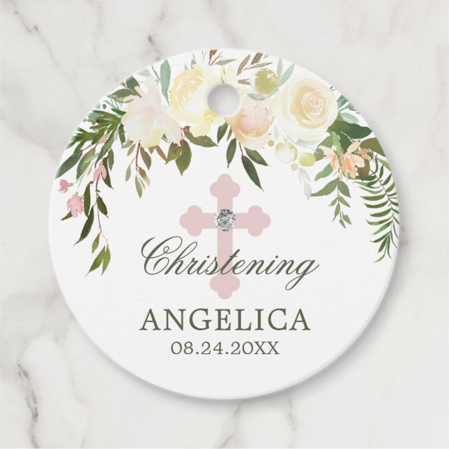 Étiquettes Cadeau Aquarelle Florale rose Baptême d'ivoire Christenin (Devant)