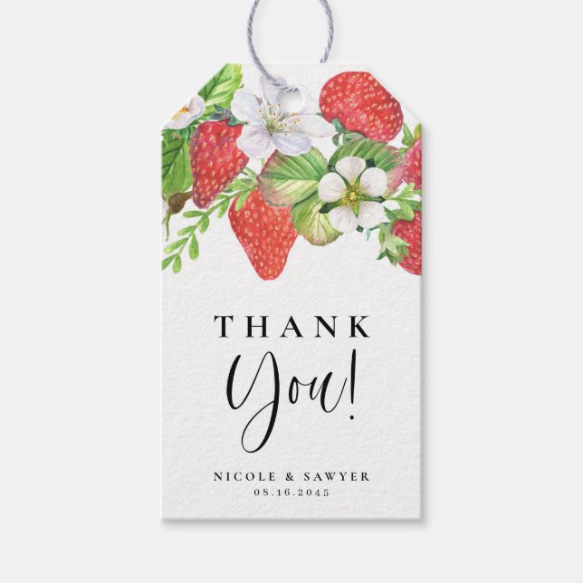 Étiquettes-cadeau Aquarelle Fraise Mariage d'été Merci (Devant)