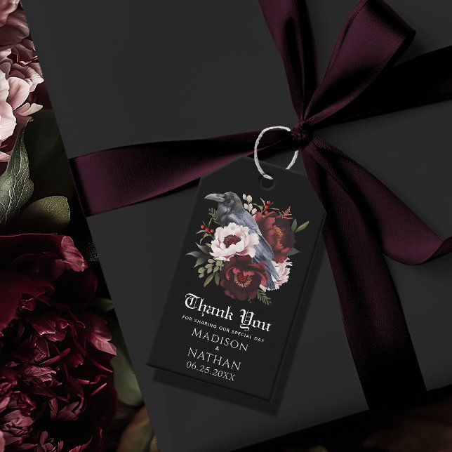 Étiquettes-cadeau Aquarelle gothique romantique Corbeau Merci (Créateur téléchargé)