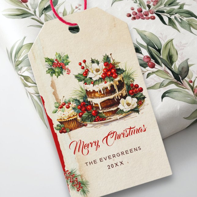 Étiquettes-cadeau Aquarelle Greens Holly Berries Joyeux Noël (Créateur téléchargé)
