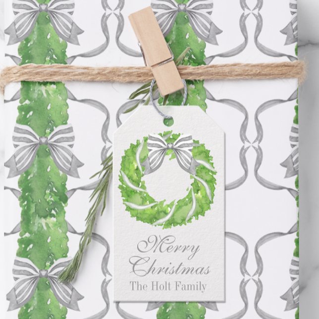 Étiquettes-cadeau Aquarelle Gris courge et Topiaque vert (Créateur téléchargé)