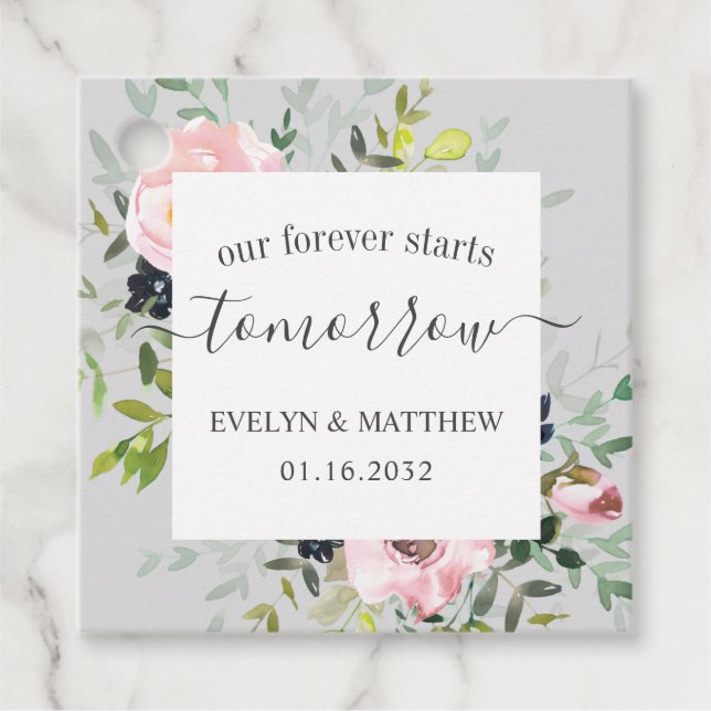 Étiquettes Cadeau Aquarelle grise Floral Forever commence demain (Devant)