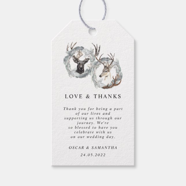 Étiquettes-cadeau Aquarelle hiver Cerf Wreath Argent (Devant)