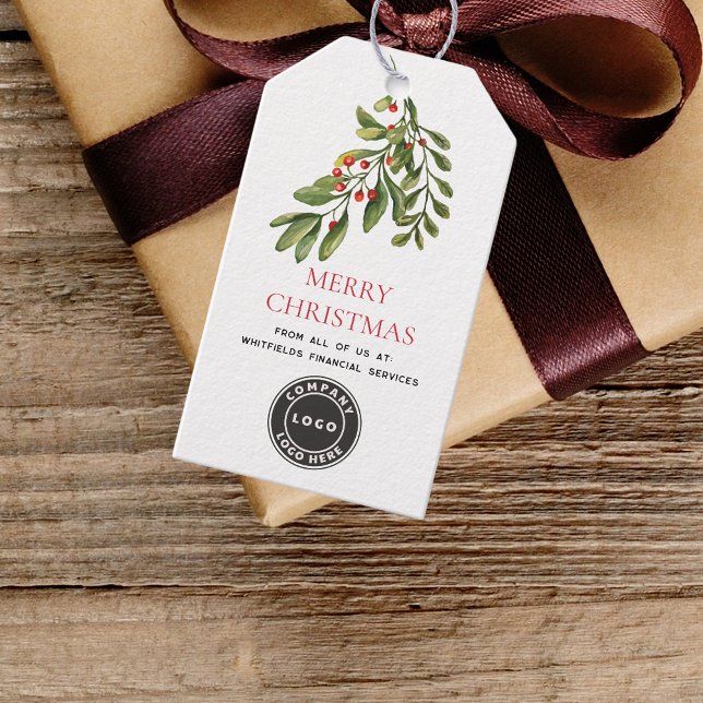 Étiquettes-cadeau Aquarelle Holly Berries Business Logo Noël (Merry Christmas Greenery Business Logo Gift Tag)