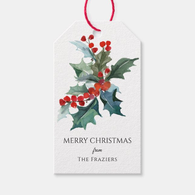 Étiquettes-cadeau Aquarelle Holly Sprig Joyeux Noël (Devant)