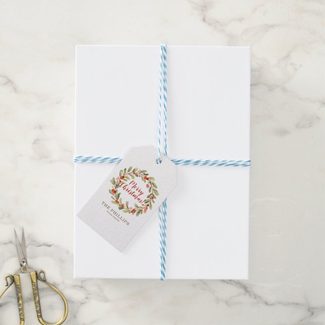 Étiquettes-cadeau Aquarelle Holly Wreath Joyeux Noël (Avec de laficelle)
