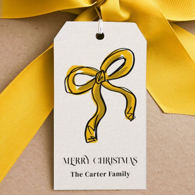 Étiquettes-cadeau Aquarelle Jaune Or Sketch Bow (Hand-drawn yellow ribbon gift tags.)